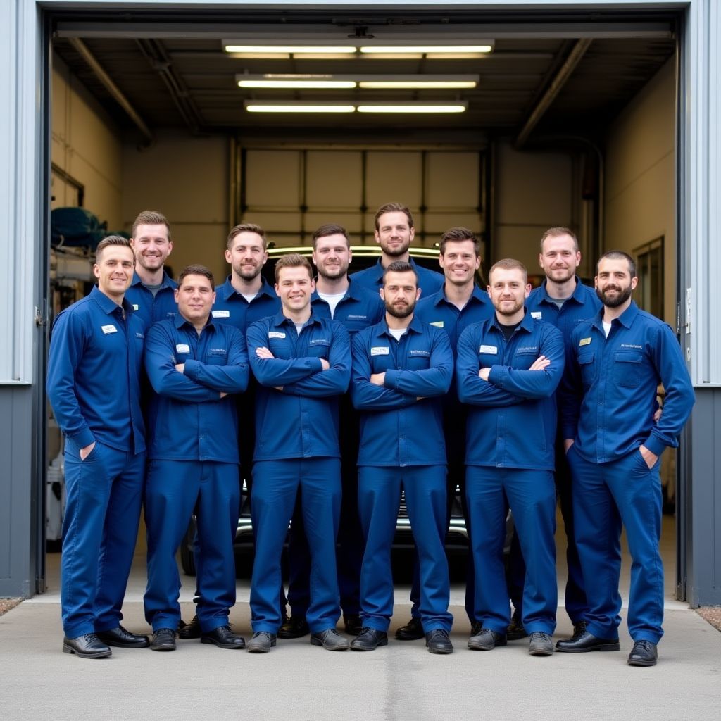 Teamfoto vor der Werkstatt